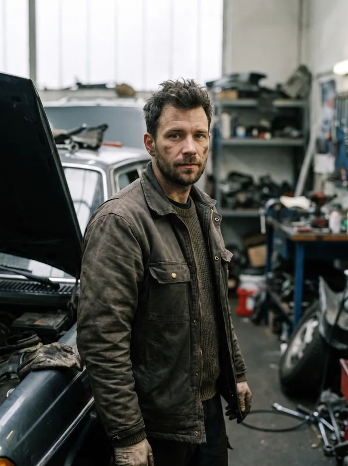 Nils Bergmann neben einem Auto mit offener Motorhaube, im Hintergrund Regale mit Ersatzteilen.