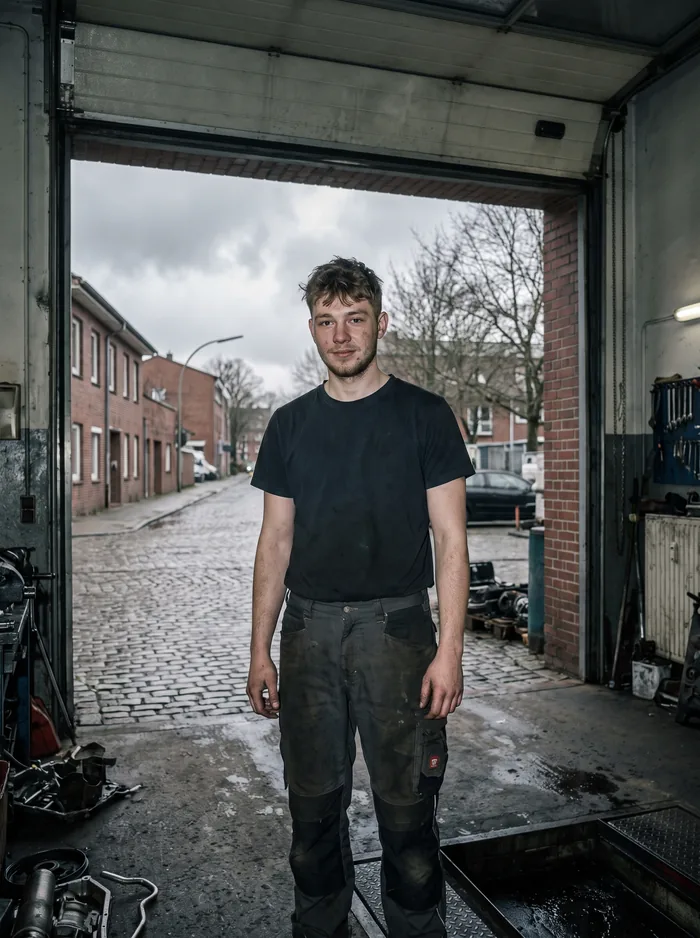 Paul Wendt im offenen Hallentor, dahinter die Kopfsteinpflasterstraße und Backsteinhäuser.