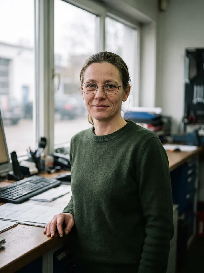 Ricarda Kolbe am Tresen der Serviceannahme, hinter ihr das Bürofenster mit Blick auf den Hof.