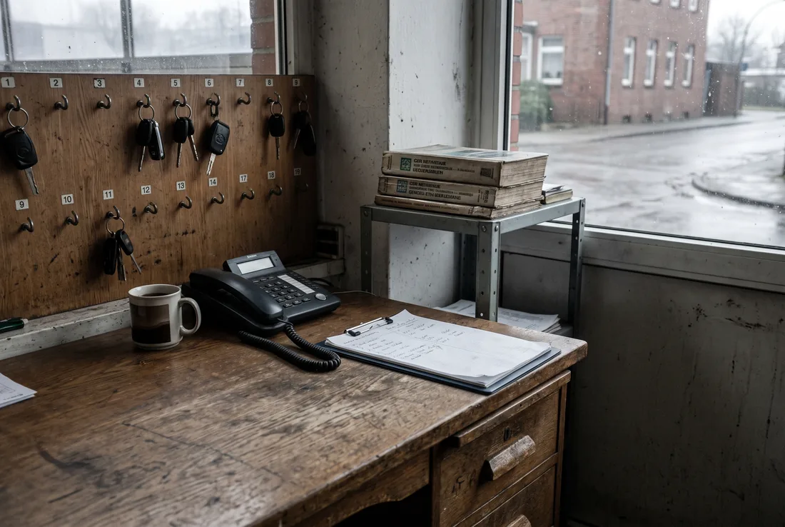 Serviceannahme: Schlüsselbrett mit nummerierten Haken, Telefon, Kaffeetasse und Auftragszettel auf dem Holztresen.