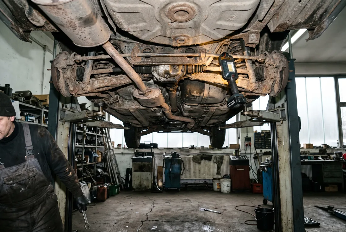 Unterboden eines angehobenen Autos, Arbeitsleuchte an der Hinterachse, ein Mechaniker mit Schraubenschlüssel daneben.