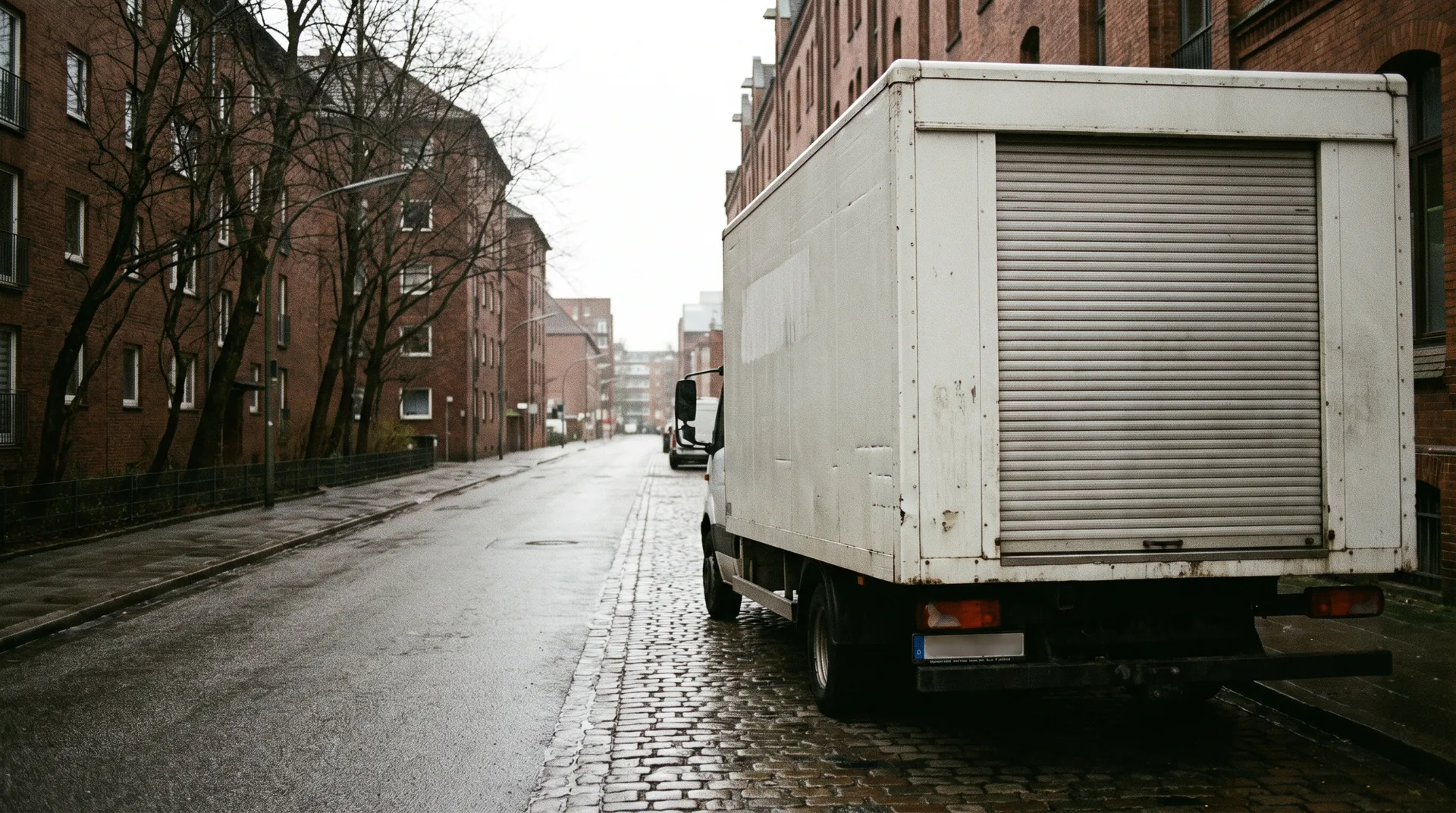 Der Umzugswagen auf einer nassen Hamburger Straße am Morgen, Kopfsteinpflaster, Backsteinhäuser.
