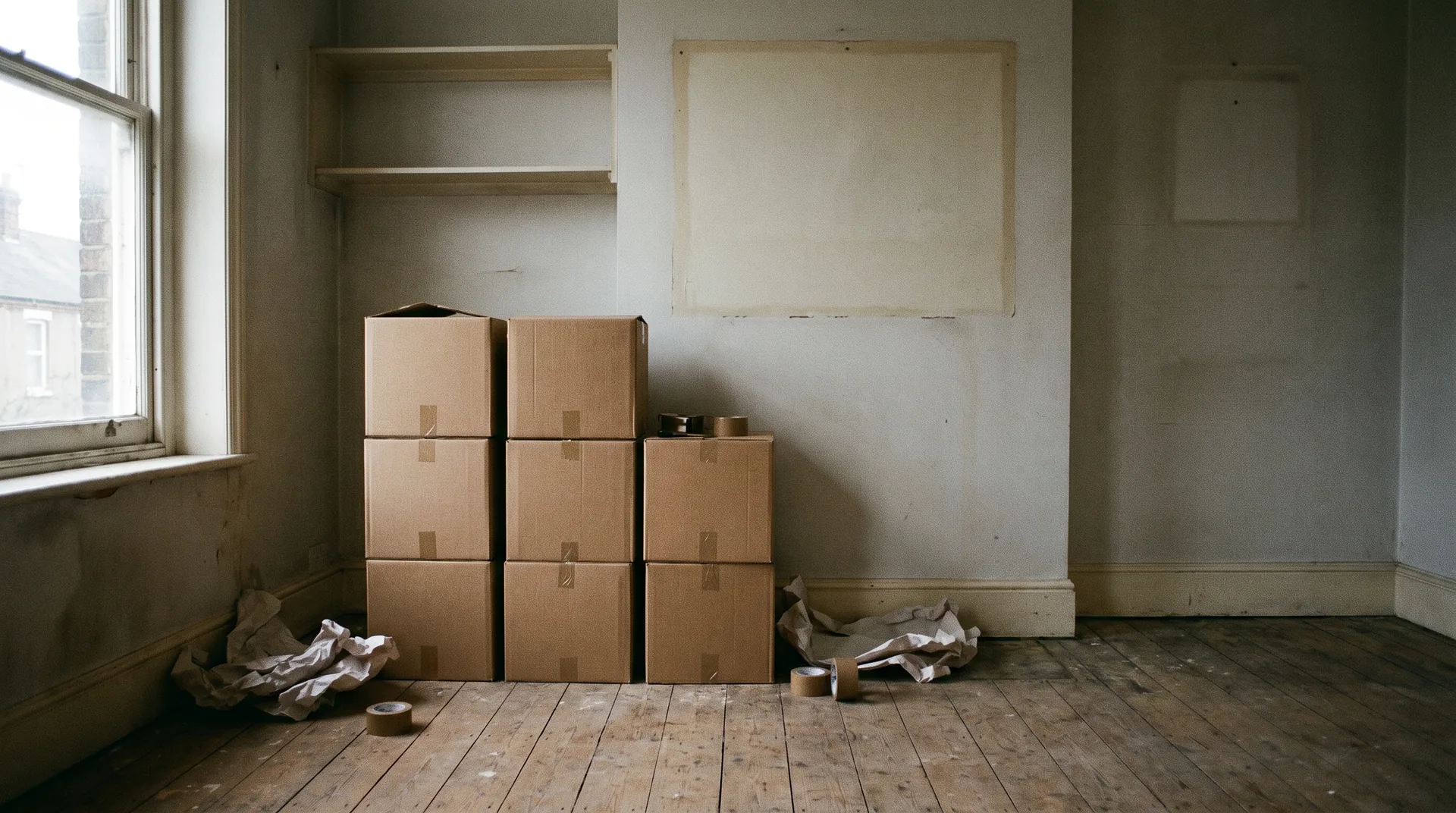 Ein Stapel brauner, nummerierter Umzugskisten in einem leergeräumten Zimmer.
