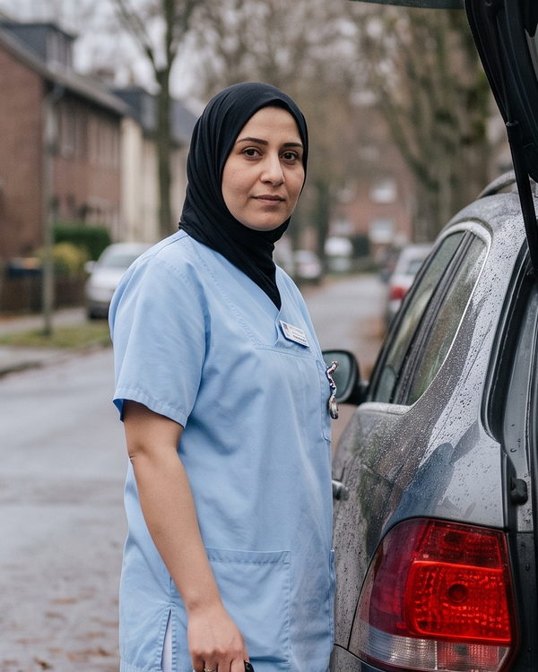 Ayşe Demir im hellblauen Kasack am geöffneten Kofferraum des Dienstwagens.