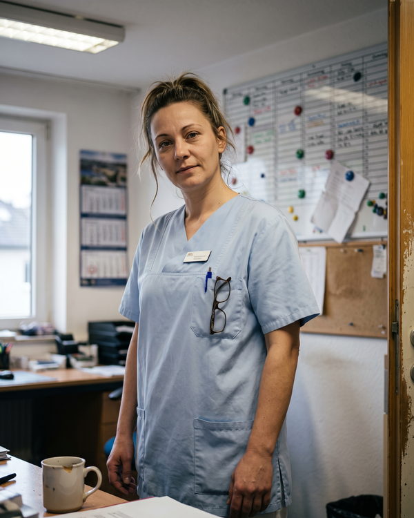 Melanie Voss im hellblauen Kasack vor dem Tourenplan im Dienstzimmer.