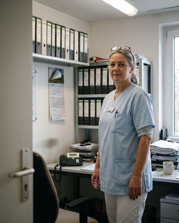 Sabine Kortmann im hellblauen Kasack vor dem Aktenregal im Büro des Pflegedienstes.