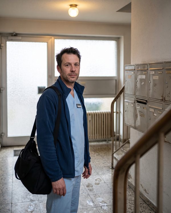 Thomas Reinke im hellblauen Kasack mit Pflegetasche über der Schulter im Hausflur eines Mehrfamilienhauses.