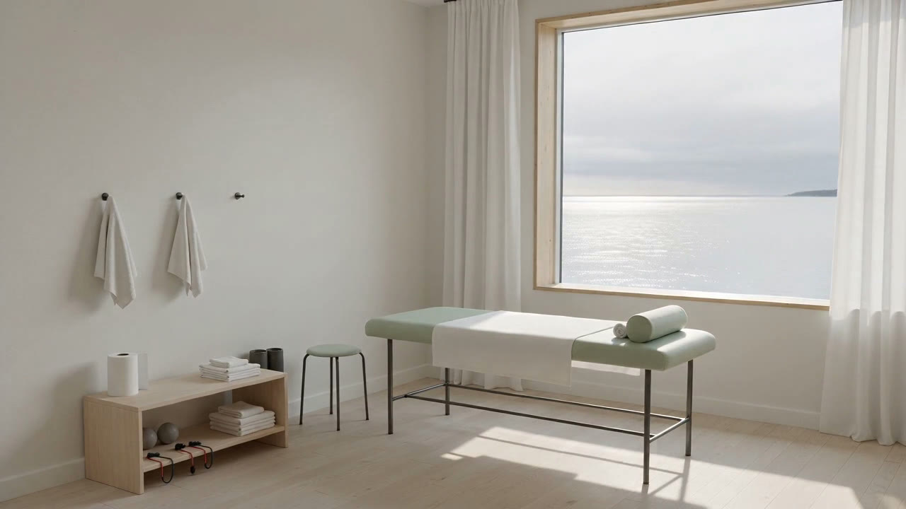 Der helle Behandlungsraum: die Bank mit frischem Papier und gerolltem Nackenkissen vor dem hohen Fenster, daneben Hocker und Regal, dahinter der See mit klarem Horizont
