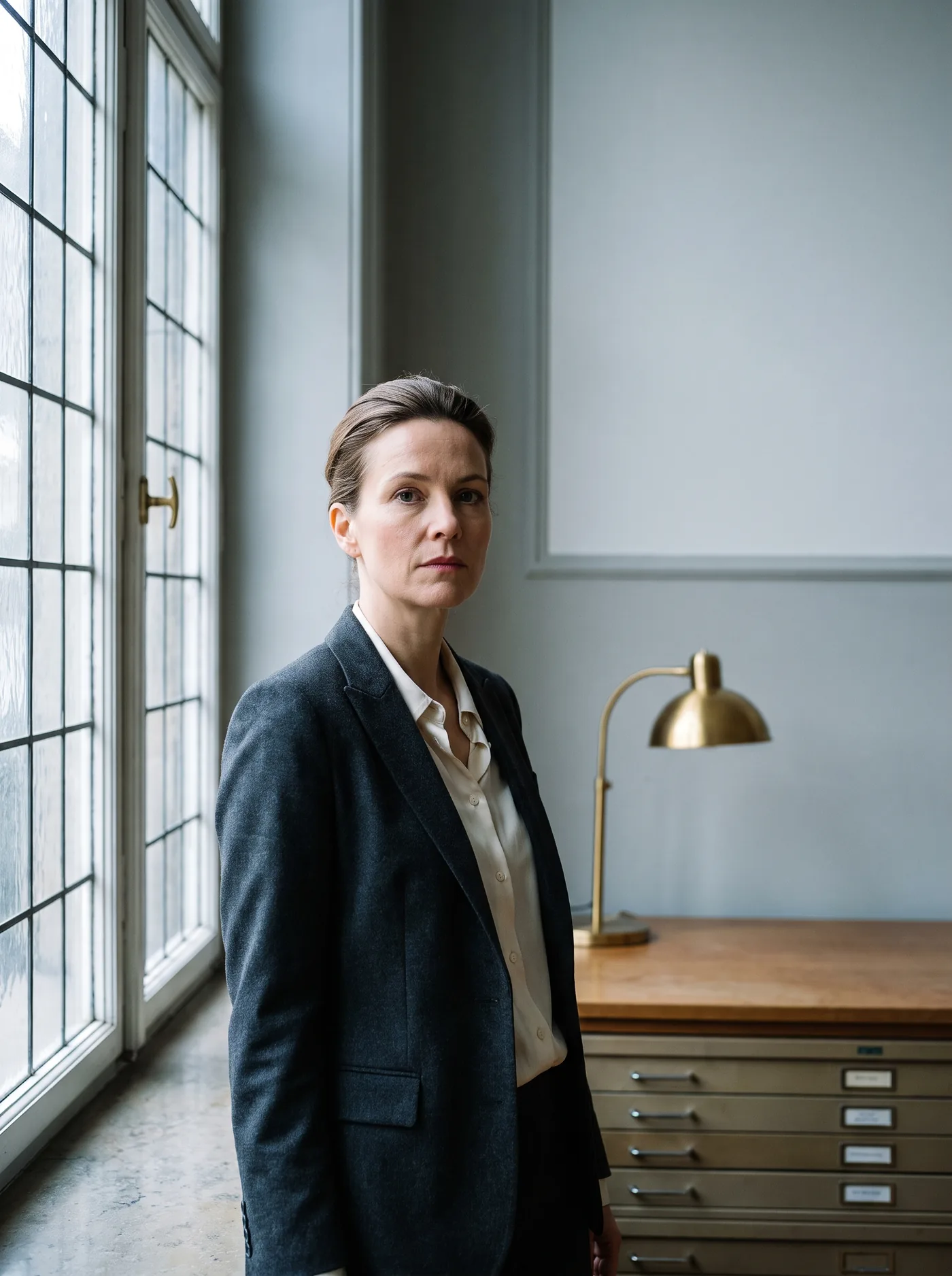 Constanze Rehder im Kontor, am Fenster stehend.