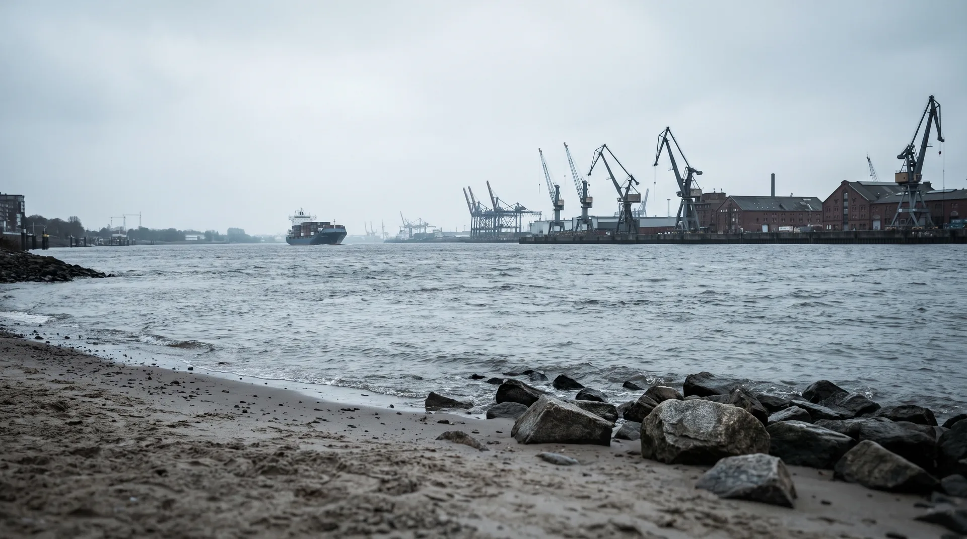 Die Elbe bei Övelgönne an einem grauen Vormittag, dahinter die Kräne des Hafens.