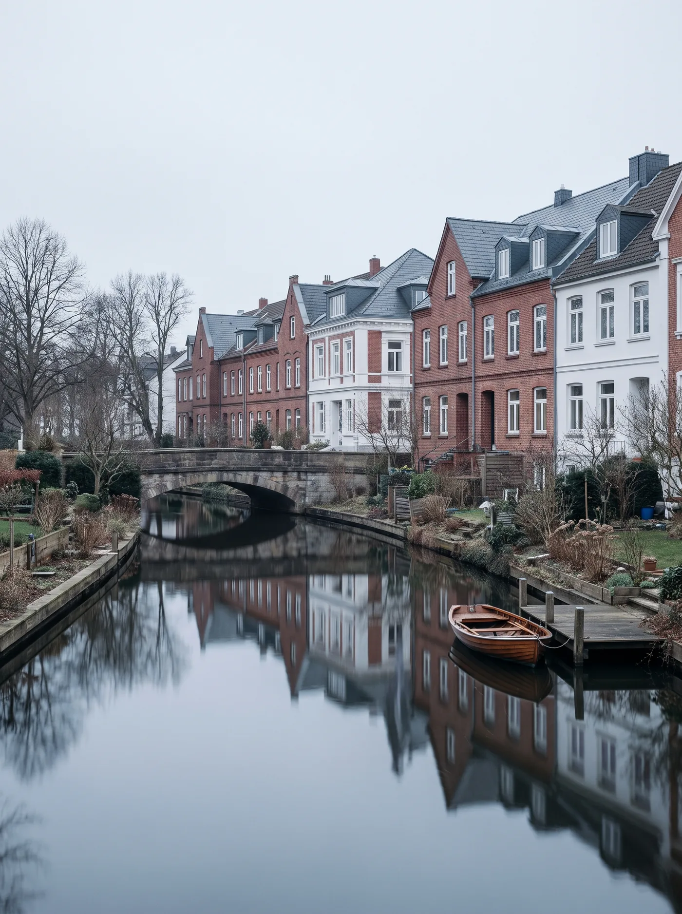 Backsteinhäuser in Winterhude an einem Kanal.