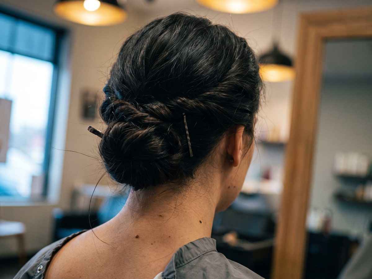 Fertig gesteckter tiefer Haarknoten von hinten, drei Haarklammern im Zopf, einzelne Strähnen im Nacken gelöst
