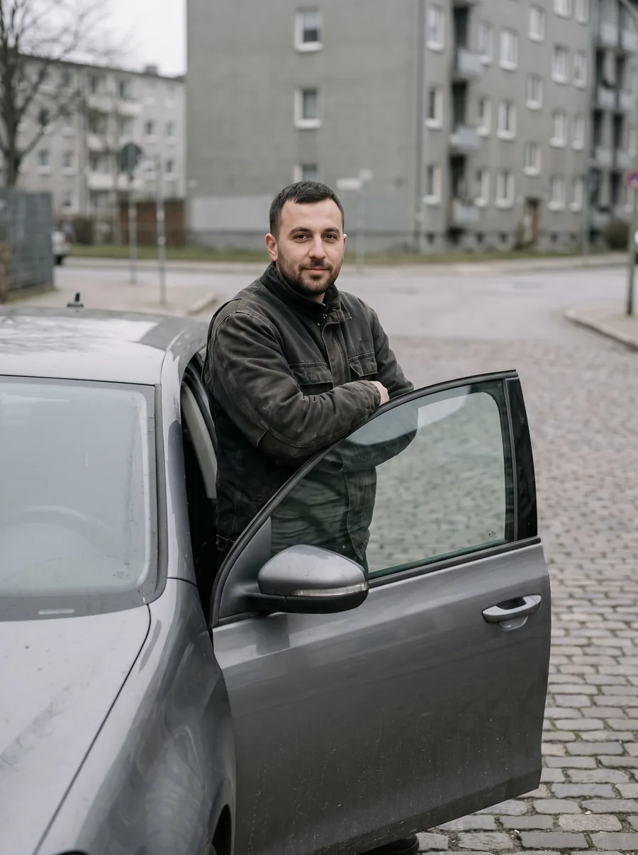 Deniz Kaya steht an der geöffneten Fahrertür eines Fahrschulwagens in einer Wohnstraße.