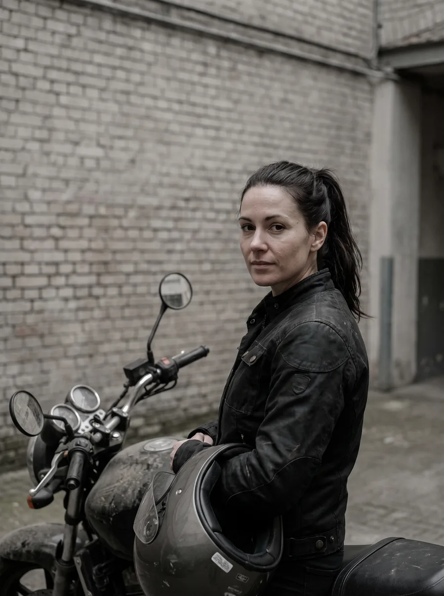 Lena Brandt sitzt auf einem Motorrad und hält den Helm im Arm, hinter ihr eine Backsteinmauer.