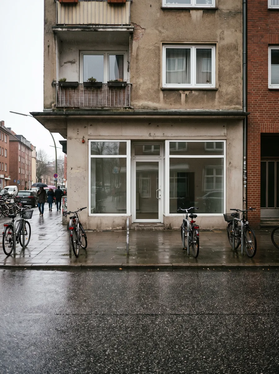 Ladenlokal mit großen Schaufenstern im Erdgeschoss eines Altbaus in Altona, davor abgestellte Fahrräder auf nassem Gehweg.