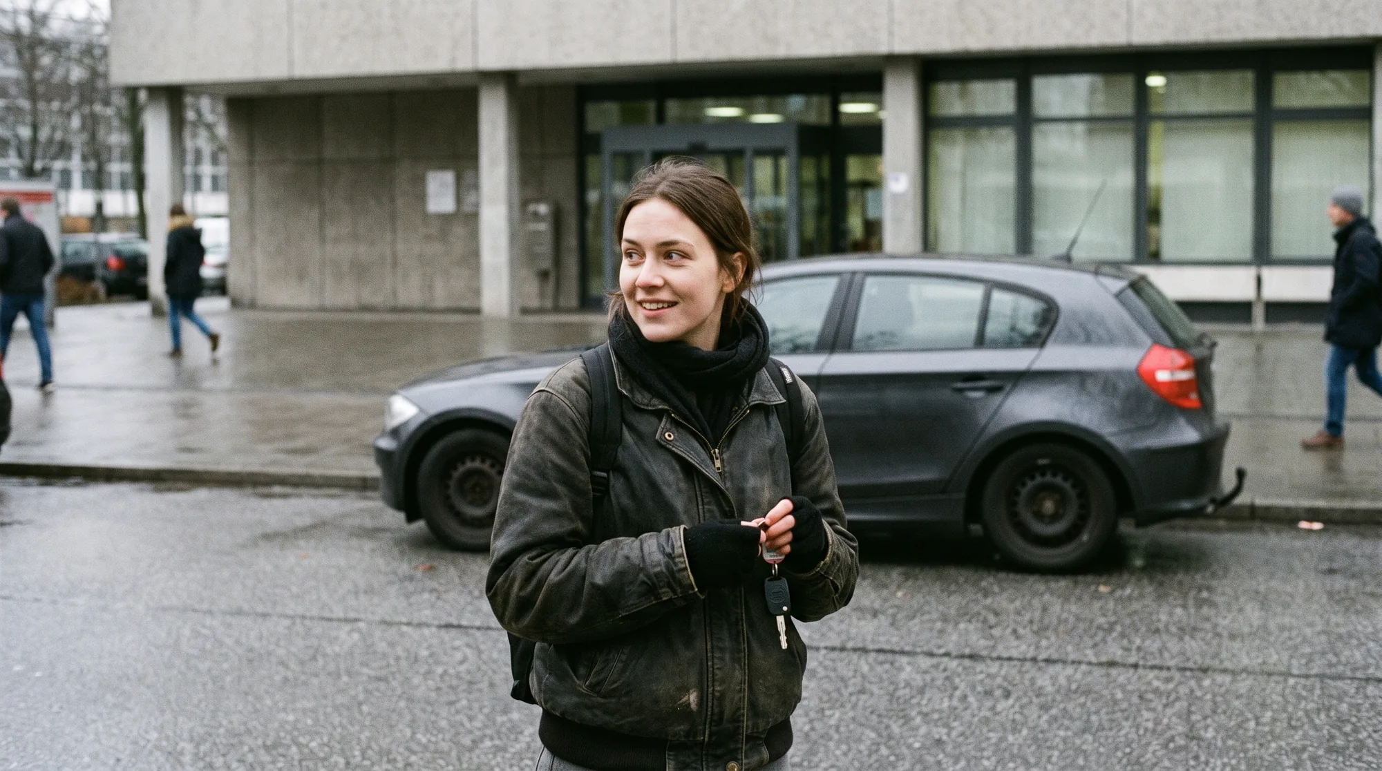 Eine junge Frau steht mit dem Autoschlüssel in der Hand vor der Prüfstelle, hinter ihr ein Wagen am Bordstein und Menschen auf dem Gehweg.