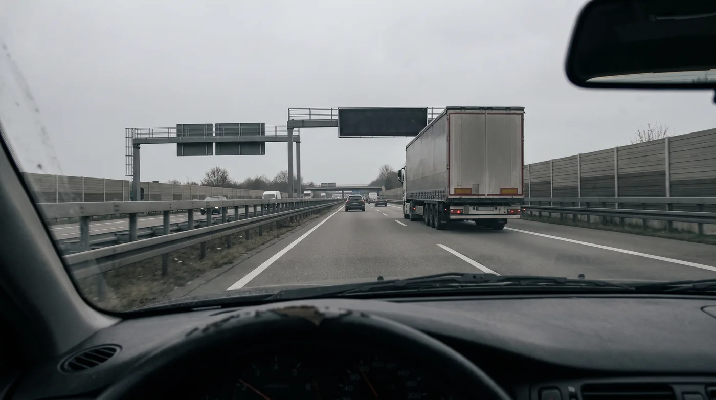 Die A7 bei Tageslicht aus der Sicht des Fahrers, ein Lastwagen auf der rechten Spur, Schilderbrücke voraus.