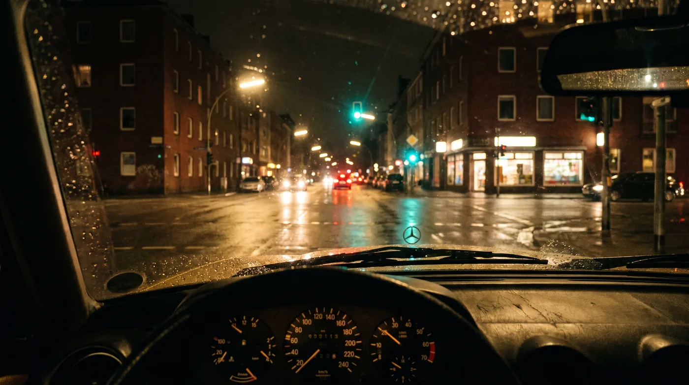 Nasse Hamburger Straße bei Nacht aus der Sicht des Fahrers, Ampeln und Ladenlichter spiegeln sich im Asphalt.