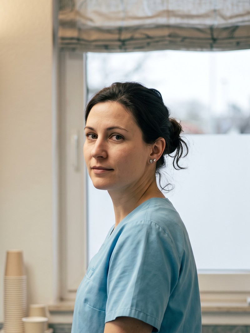 Anja Bergm&uuml;ller im hellblauen Kasack am Fenster des Raums f&uuml;r die Zahnreinigung