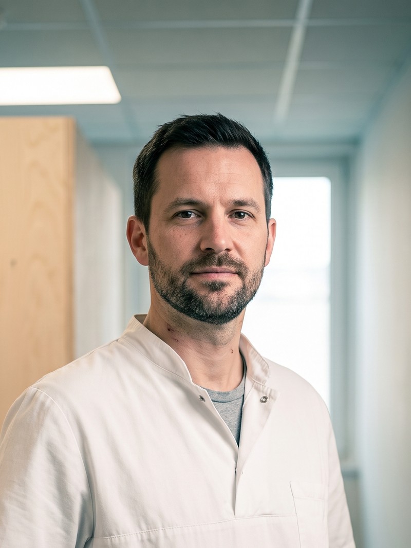 Dr. med. dent. Jonas Peuckert mit kurzem dunklem Haar und kurzem Bart, im wei&szlig;en Kasack, im Flur der Praxis
