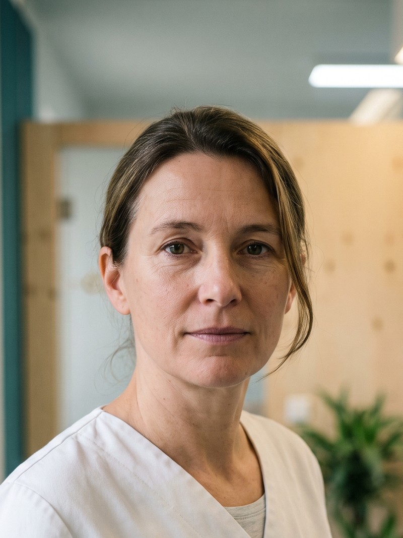 Dr. med. dent. Katharina Vogl-Reimers im wei&szlig;en Kasack im Flur der Praxis